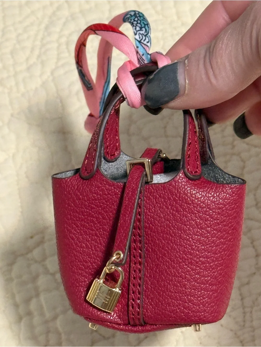 Bagcharm Mini Tote Bag Charm in Berry RED with Pink Scarf Accent and lock! NEW